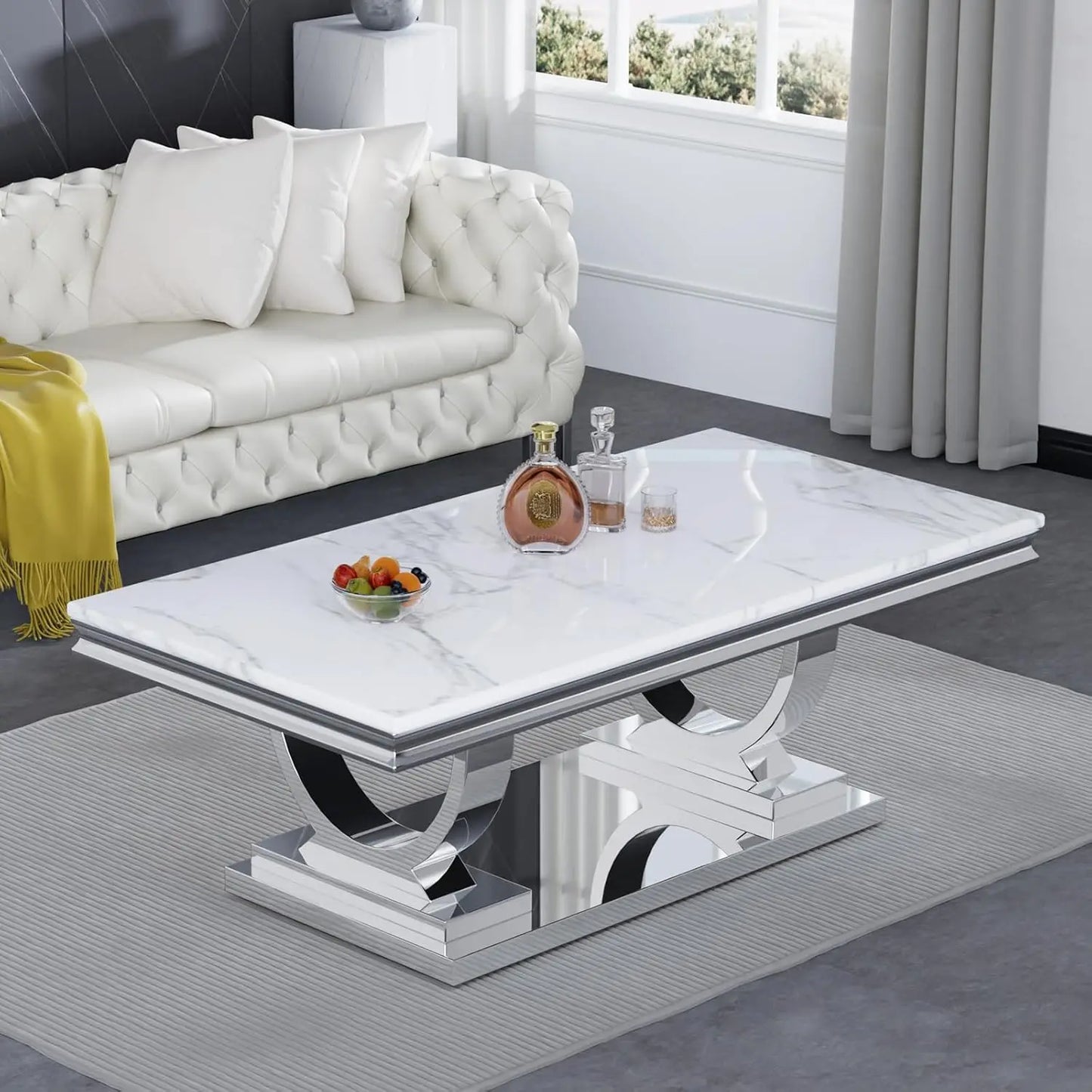 Rectangular Marble Coffee Table | U-Shape Mirrored Stainless Steel Base | Silver & White | Modern