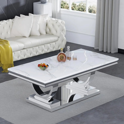 Rectangular Marble Coffee Table | U-Shape Mirrored Stainless Steel Base | Silver & White | Modern