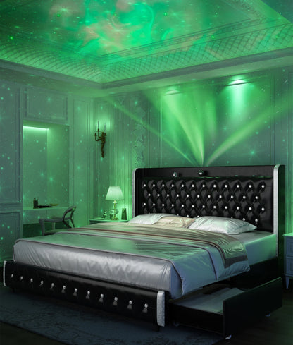 Velvet Wingback LED Bed Frame with Galaxy Projector, Bluetooth Speaker & 4 Storage Drawers – Full XL Queen King