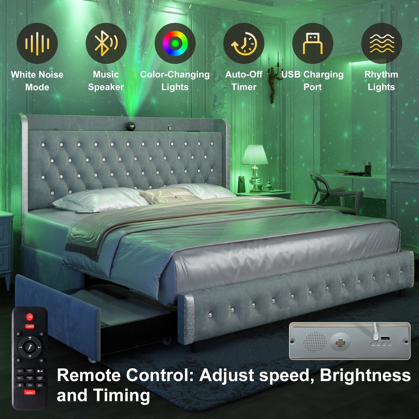 Velvet Wingback LED Bed Frame with Galaxy Projector, Bluetooth Speaker & 4 Storage Drawers – Full XL Queen King