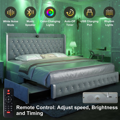 Velvet Wingback LED Bed Frame with Galaxy Projector, Bluetooth Speaker & 4 Storage Drawers – Full XL Queen King
