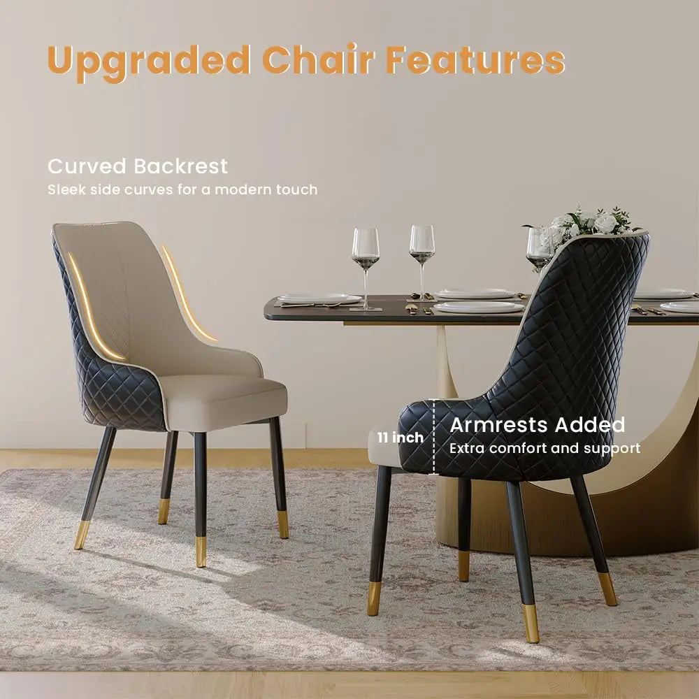 Diamond-Stitched Dining Chairs Set of 2 | 38" High Back, Faux Leather & Metal Legs