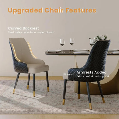 Diamond-Stitched Dining Chairs Set of 2 | 38" High Back, Faux Leather & Metal Legs