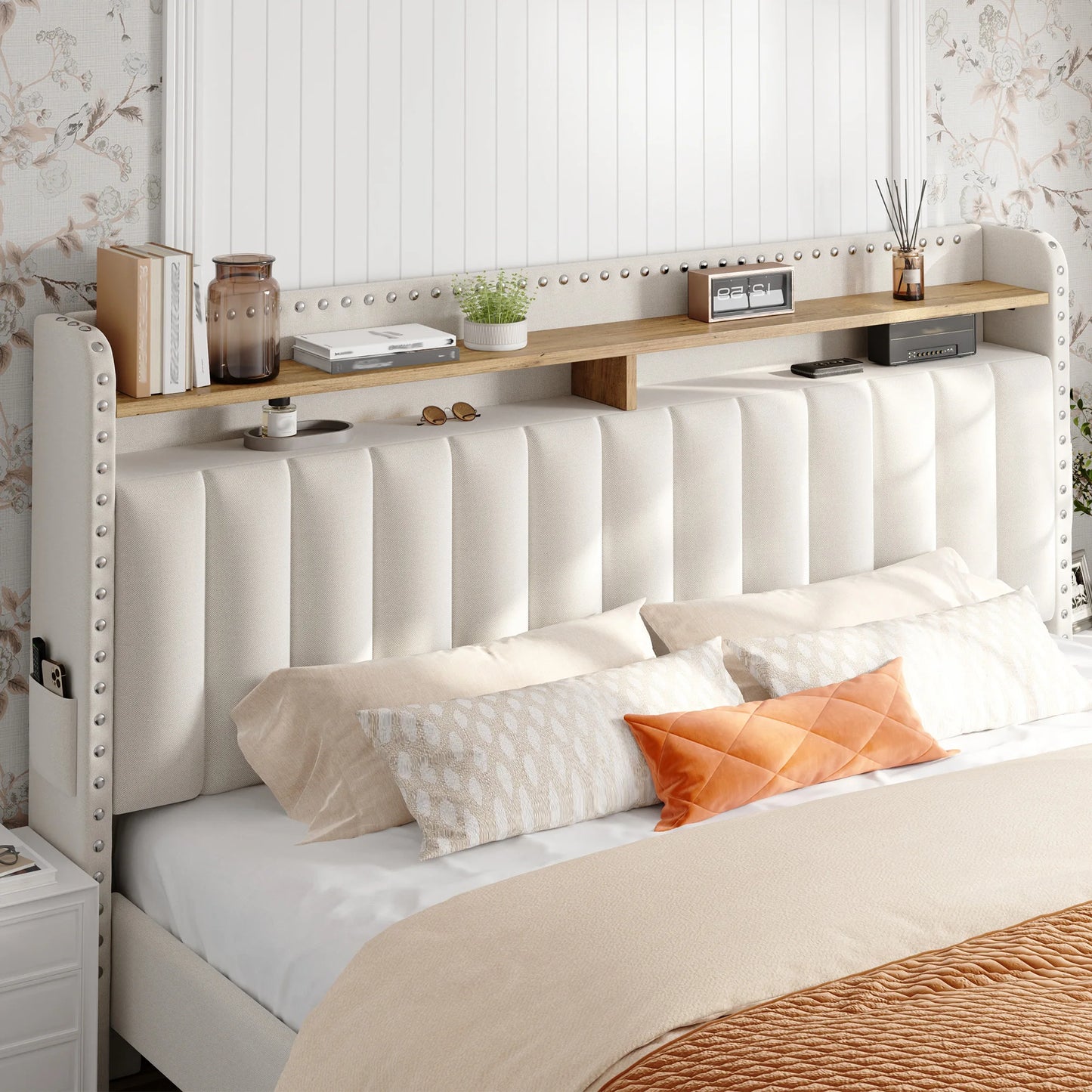 Upholstered Platform Bed Frame with 2-Tier Storage Headboard & 2 Drawers – No Box Spring Needed
