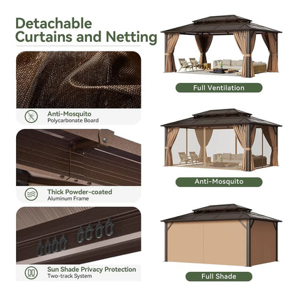 12x16 Hardtop Gazebo with Curtains & Mosquito Netting | Aluminum Frame, Polycarbonate Double Roof