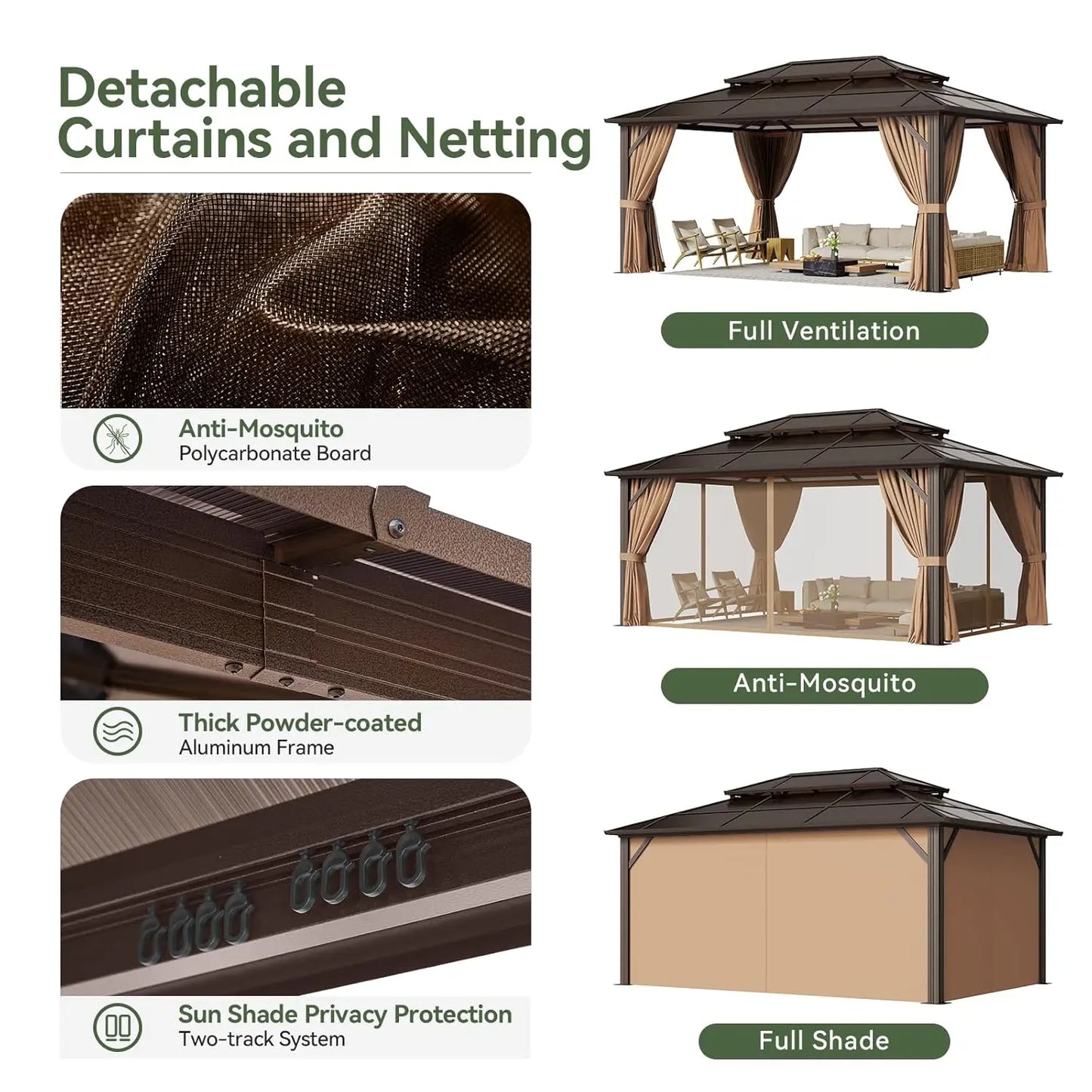 12x16 Hardtop Gazebo with Curtains & Mosquito Netting | Aluminum Frame, Polycarbonate Double Roof