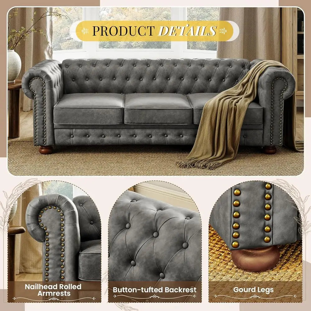 3-Seater PU Leather Chesterfield Sofa | Button Tufted, Nail Trim & Gourd Legs