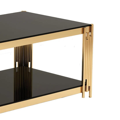 Black & Gold Tempered Glass Coffee Table – 47" Modern Oval with Wind Chime Legs & Lower Shelf
