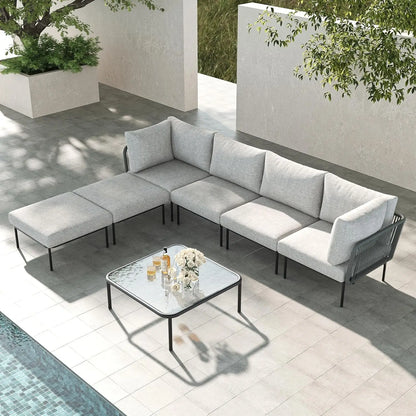 7-Piece Aluminum Modular Patio Sectional Set with Tempered Glass Coffee Table & Thick Cushions