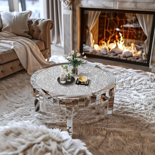 Mirrored Round Coffee Table with Crystal Inlay – 31.5" Silver Accent Table for Living Room