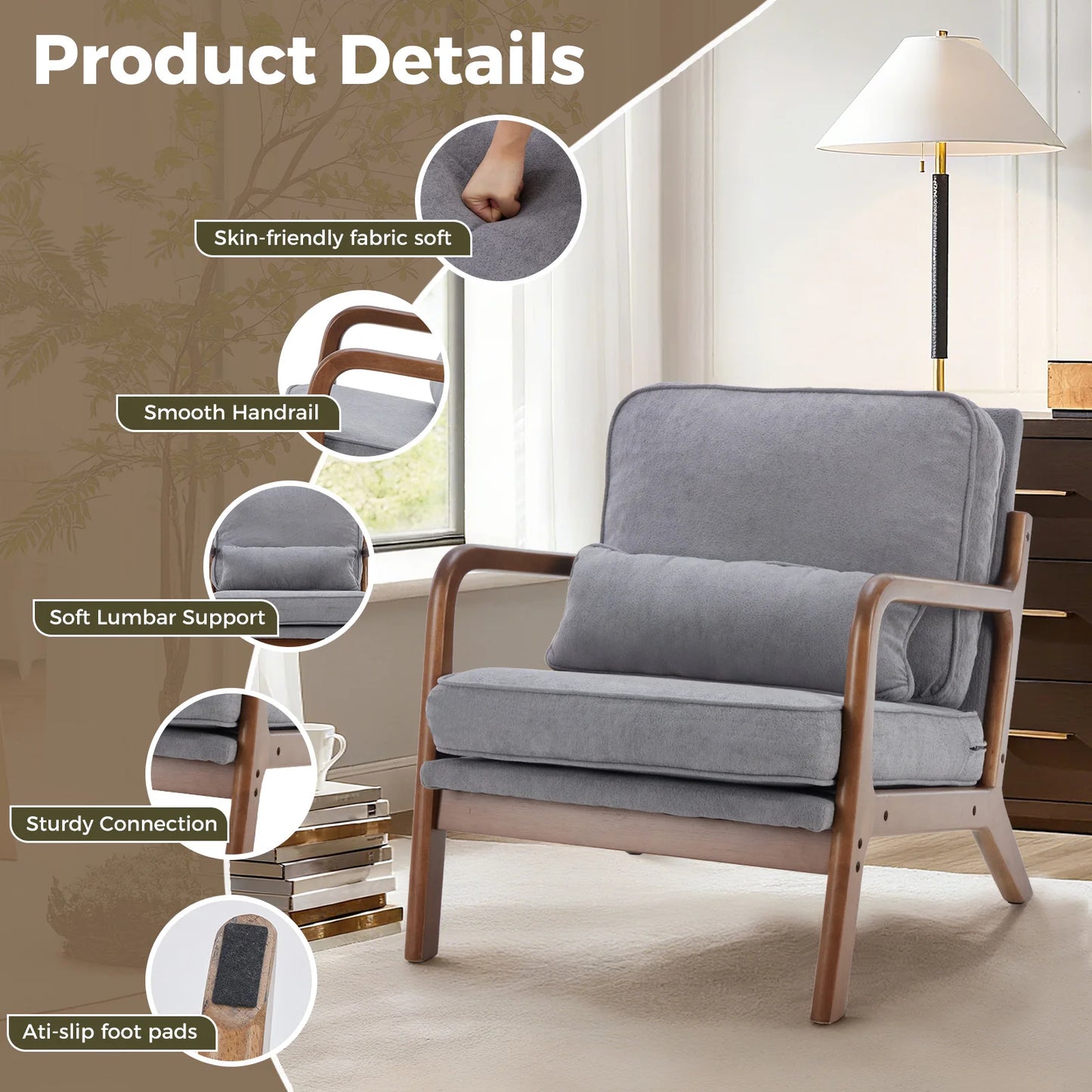 Mid-Century Modern Accent Chair | Fabric Armchair with Waist Cushion