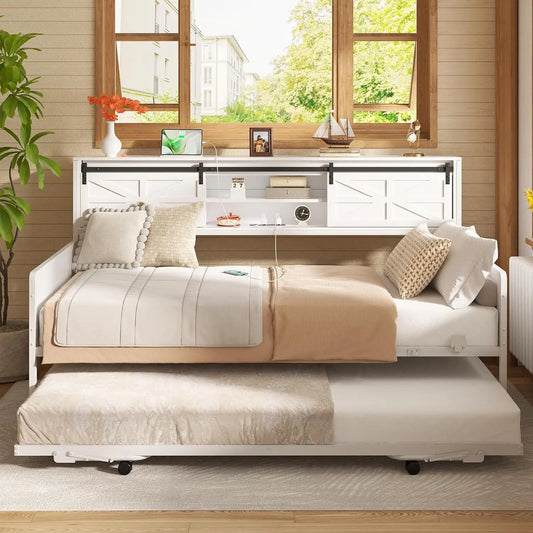 Twin Daybed with Pop-Up Trundle – Farmhouse Bookcase Headboard, ETL Charging Station & Sliding Barn Doors