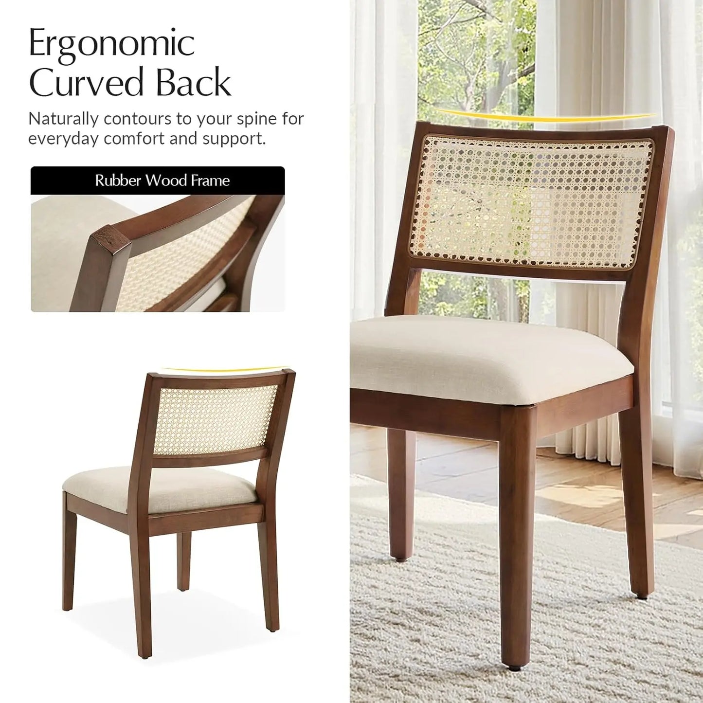 Rattan Dining Chairs Set of 4 | Coastal Woven Back, Upholstered Seat & Solid Rubberwood Frame