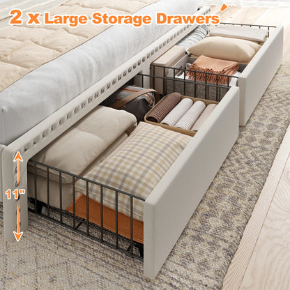 Upholstered Platform Bed Frame with 2-Tier Storage Headboard & 2 Drawers – No Box Spring Needed