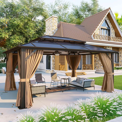 12x16 Hardtop Gazebo with Curtains & Mosquito Netting | Aluminum Frame, Polycarbonate Double Roof