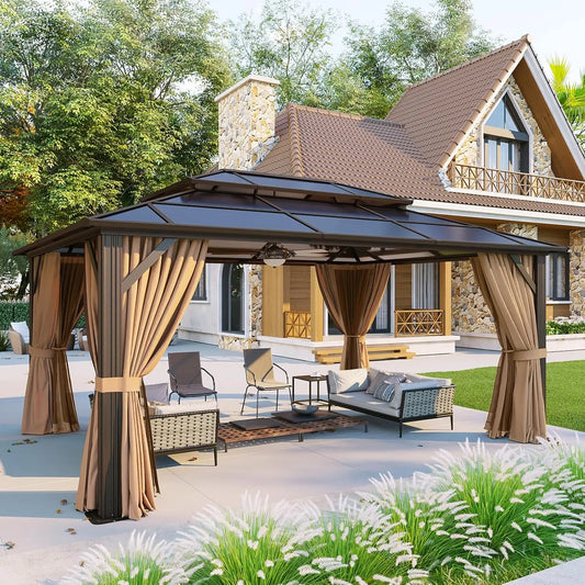 12x16 Hardtop Gazebo with Curtains & Mosquito Netting | Aluminum Frame, Polycarbonate Double Roof