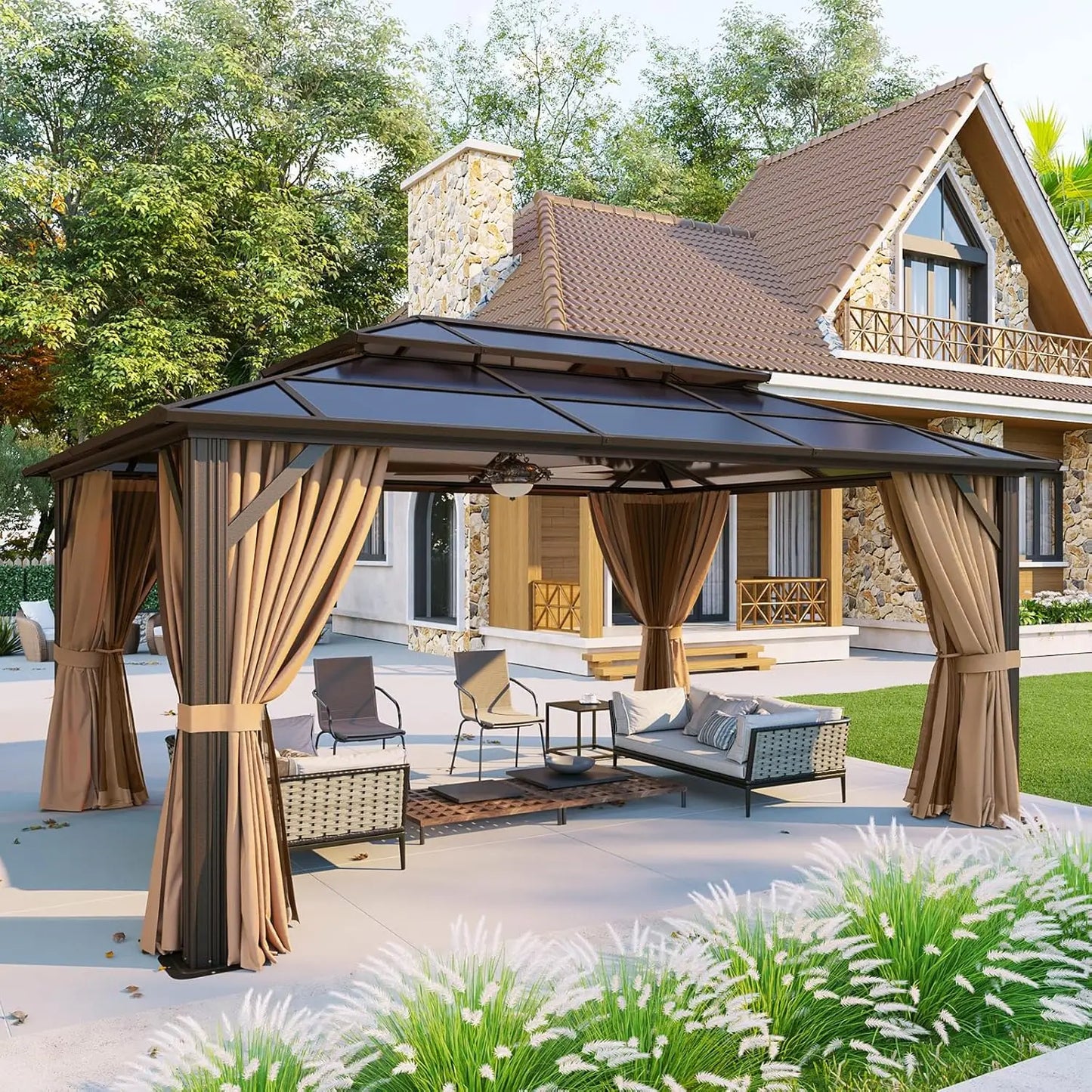 12x16 Hardtop Gazebo with Curtains & Mosquito Netting | Aluminum Frame, Polycarbonate Double Roof