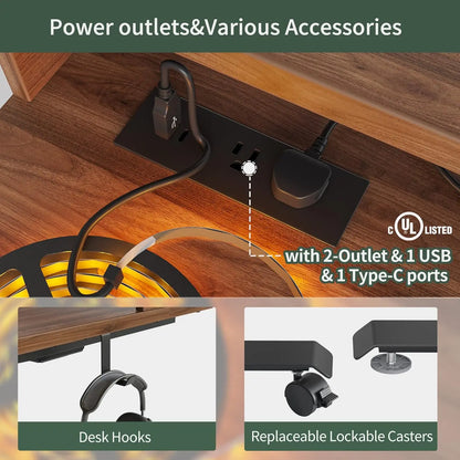L-Shaped Electric Standing Desk 63" | LED Lighting, Power Outlet & Monitor Stand