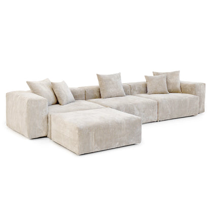 141" L-Shaped Corduroy Sectional Sofa with Ottoman | Oversized 3-Seater with Removable Covers