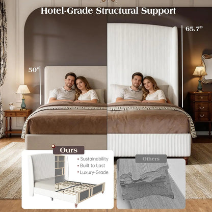 Corduroy Wingback Upholstered Bed Frame with 65.7" Tall Headboard – Washable Cover, 1,000 LB, 14" Clearance | Queen King