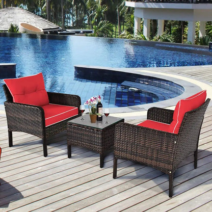 3-Piece Outdoor Wicker Patio Furniture Set – PE Rattan Chairs & Glass Top Coffee Table with Cushions