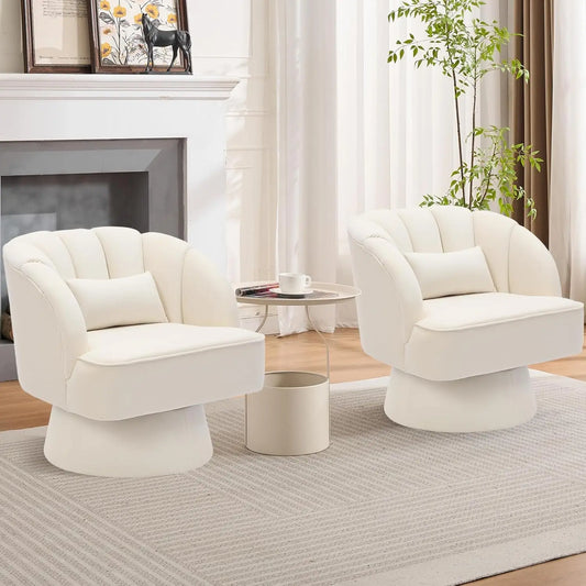 360° Swivel Barrel Accent Chair – Beige Velvet | Striped Mid-Century Armchair with Plush Padding