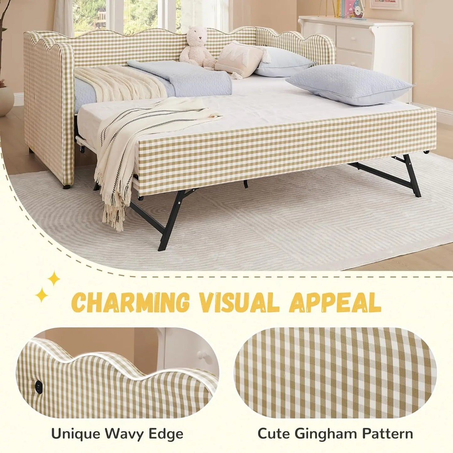 Twin Upholstered Gingham Daybed with Trundle & USB Charging – Linen, Wavy Edge, 7 Colors