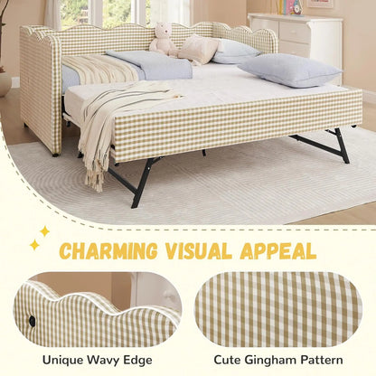 Twin Upholstered Gingham Daybed with Trundle & USB Charging – Linen, Wavy Edge, 7 Colors