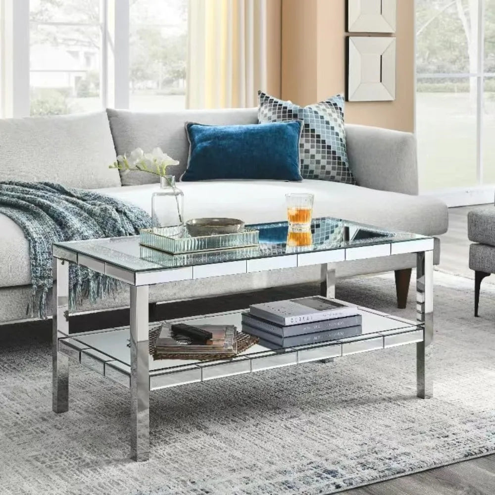 2-Tier Mirrored Silver Coffee Table | Tempered Glass Top & Lower Shelf | Modern Rectangle