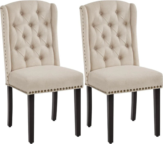 Upholstered Dining Chairs Set of 2 – Button-Tufted with Nailhead Trims & Solid Wood Legs