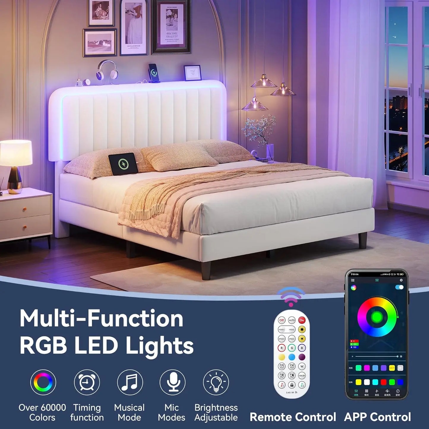 Queen Bed Frame with RGB LED Headboard & USB Charging Station – Velvet Upholstered, Adjustable, 1000 lb Capacity