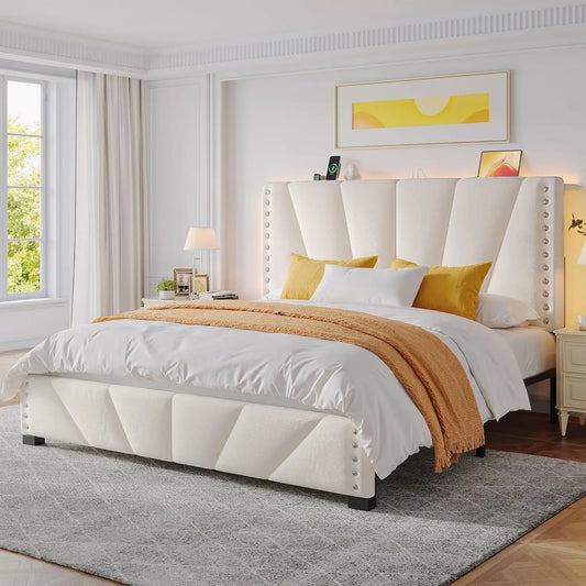 Queen Bed Frame with Headboard – Velvet Upholstered, LED Lights & Charging Station
