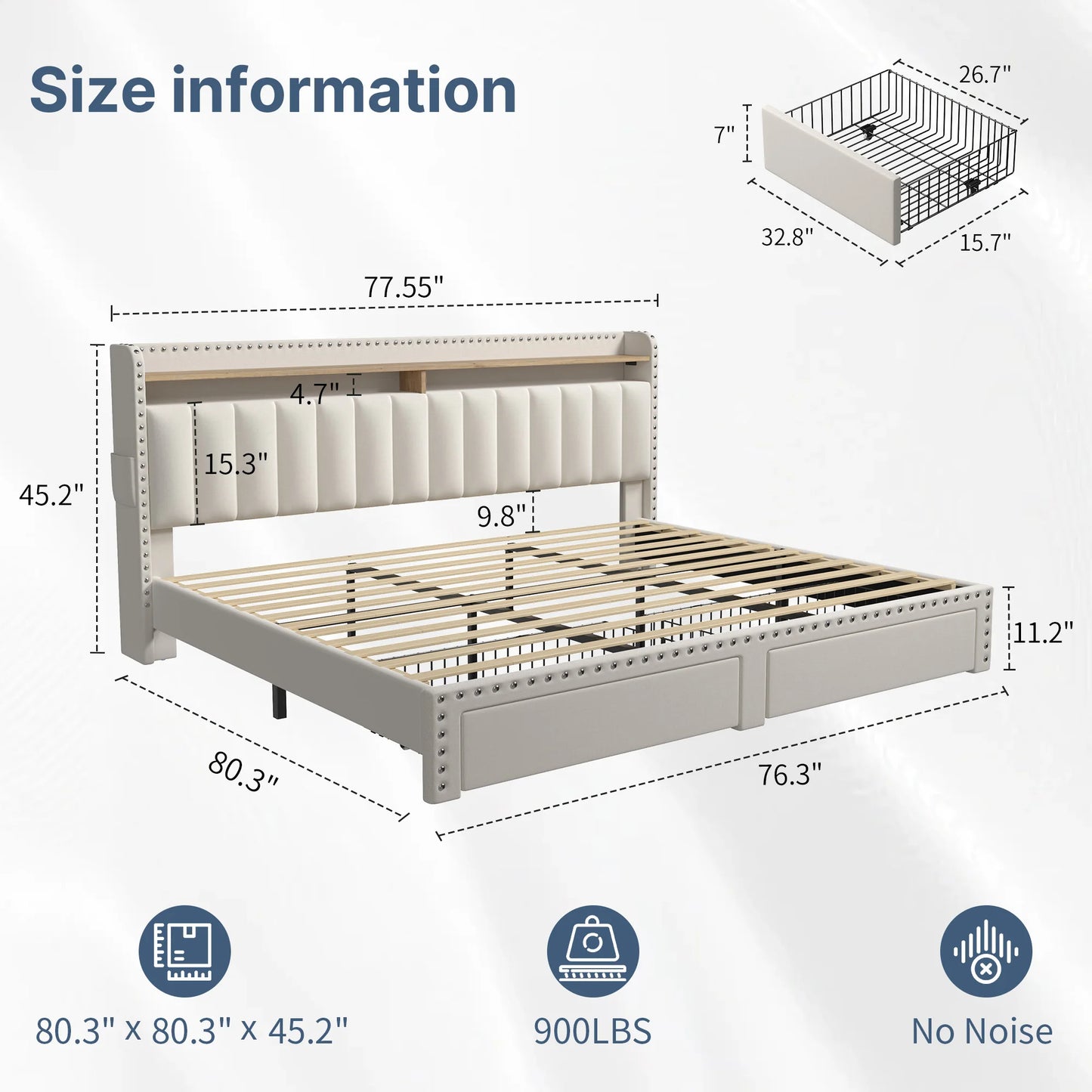 Upholstered Platform Bed Frame with 2-Tier Storage Headboard & 2 Drawers – No Box Spring Needed
