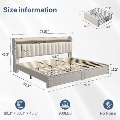 Upholstered Platform Bed Frame with 2-Tier Storage Headboard & 2 Drawers – No Box Spring Needed