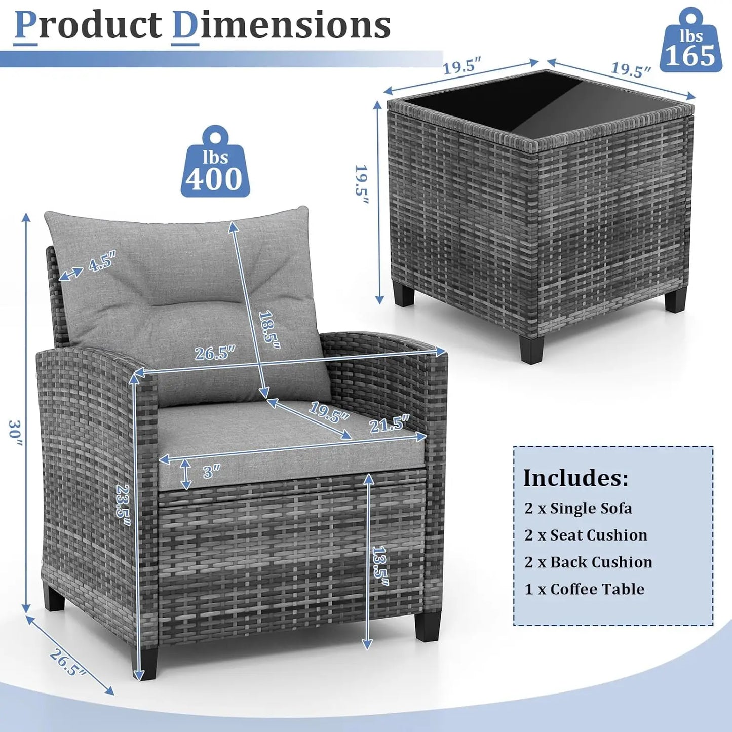 3-Piece Outdoor PE Rattan Bistro Conversation Set – 2 Wicker Chairs with Washable Cushions & Tempered Glass Coffee Table