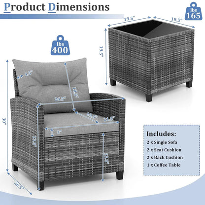 3-Piece Outdoor PE Rattan Bistro Conversation Set – 2 Wicker Chairs with Washable Cushions & Tempered Glass Coffee Table