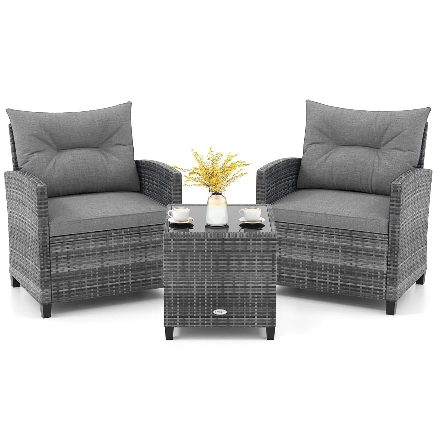 3-Piece Outdoor PE Rattan Bistro Conversation Set – 2 Wicker Chairs with Washable Cushions & Tempered Glass Coffee Table