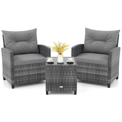 3-Piece Outdoor PE Rattan Bistro Conversation Set – 2 Wicker Chairs with Washable Cushions & Tempered Glass Coffee Table