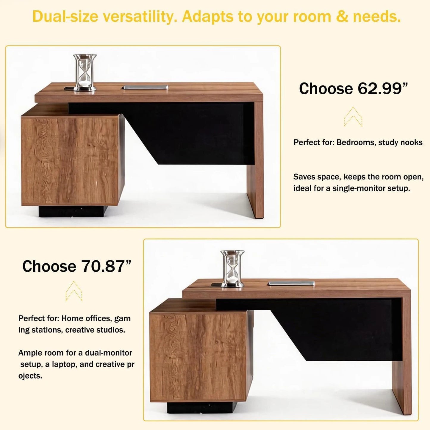 Extendable Executive Office Desk 63"–71" | L-Shape Computer Workstation with Reversible Storage Cabinet