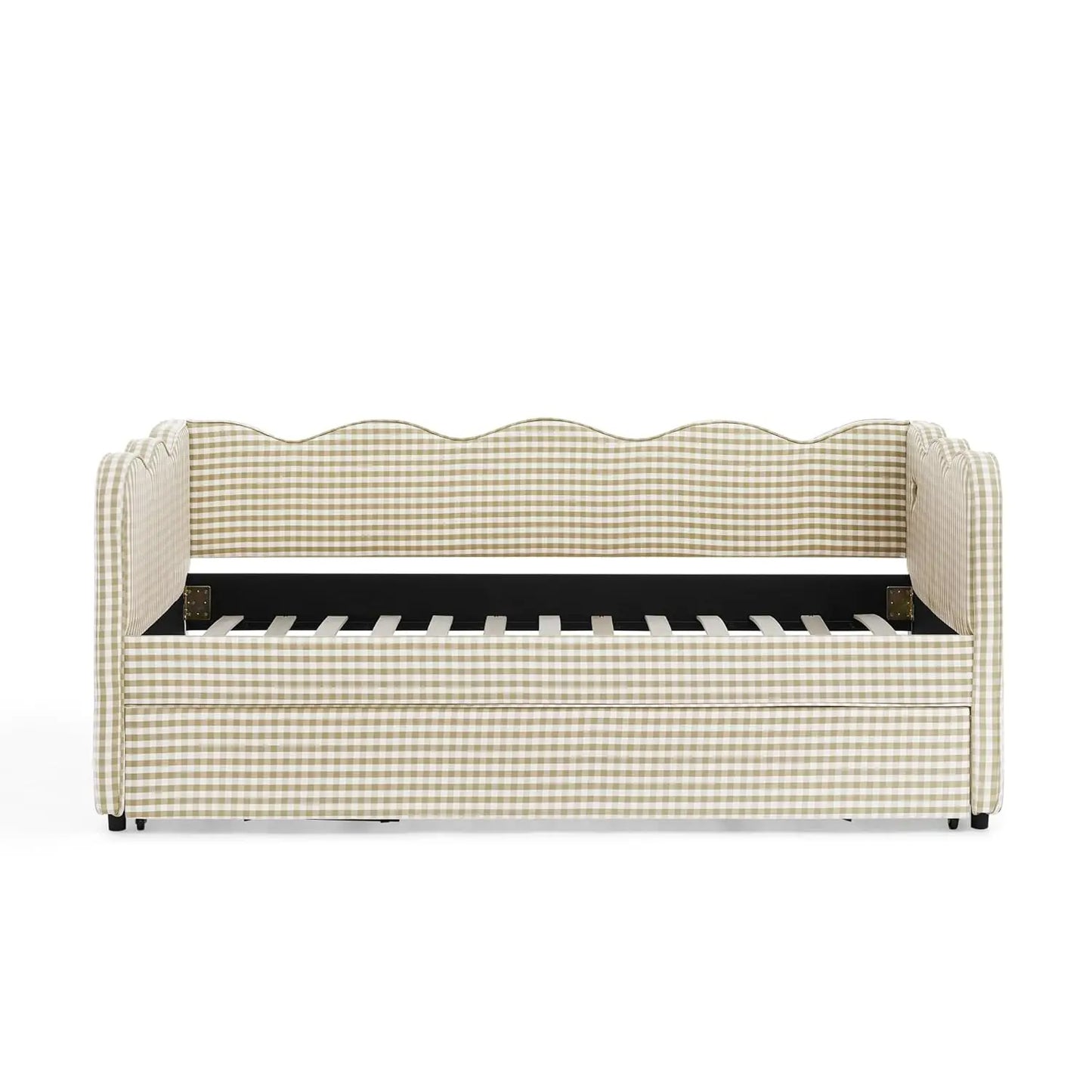Twin Upholstered Gingham Daybed with Trundle & USB Charging – Linen, Wavy Edge, 7 Colors