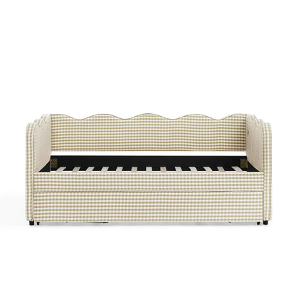 Twin Upholstered Gingham Daybed with Trundle & USB Charging – Linen, Wavy Edge, 7 Colors