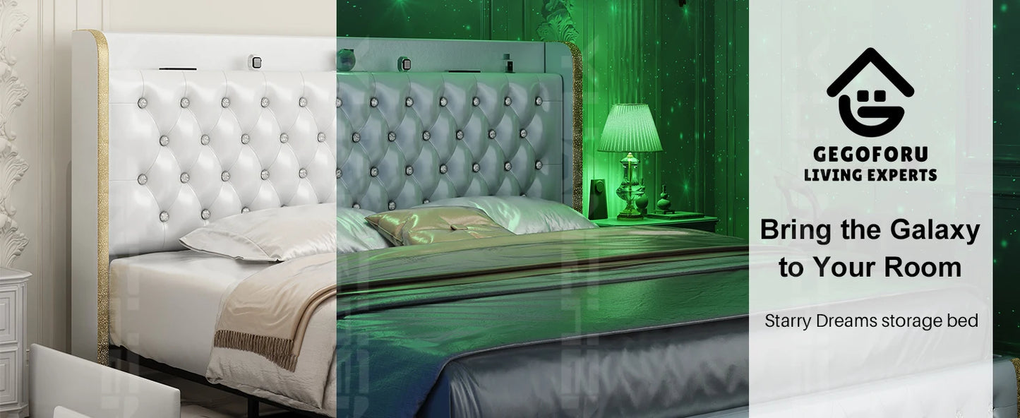 Velvet Wingback LED Bed Frame with Galaxy Projector, Bluetooth Speaker & 4 Storage Drawers – Full XL Queen King