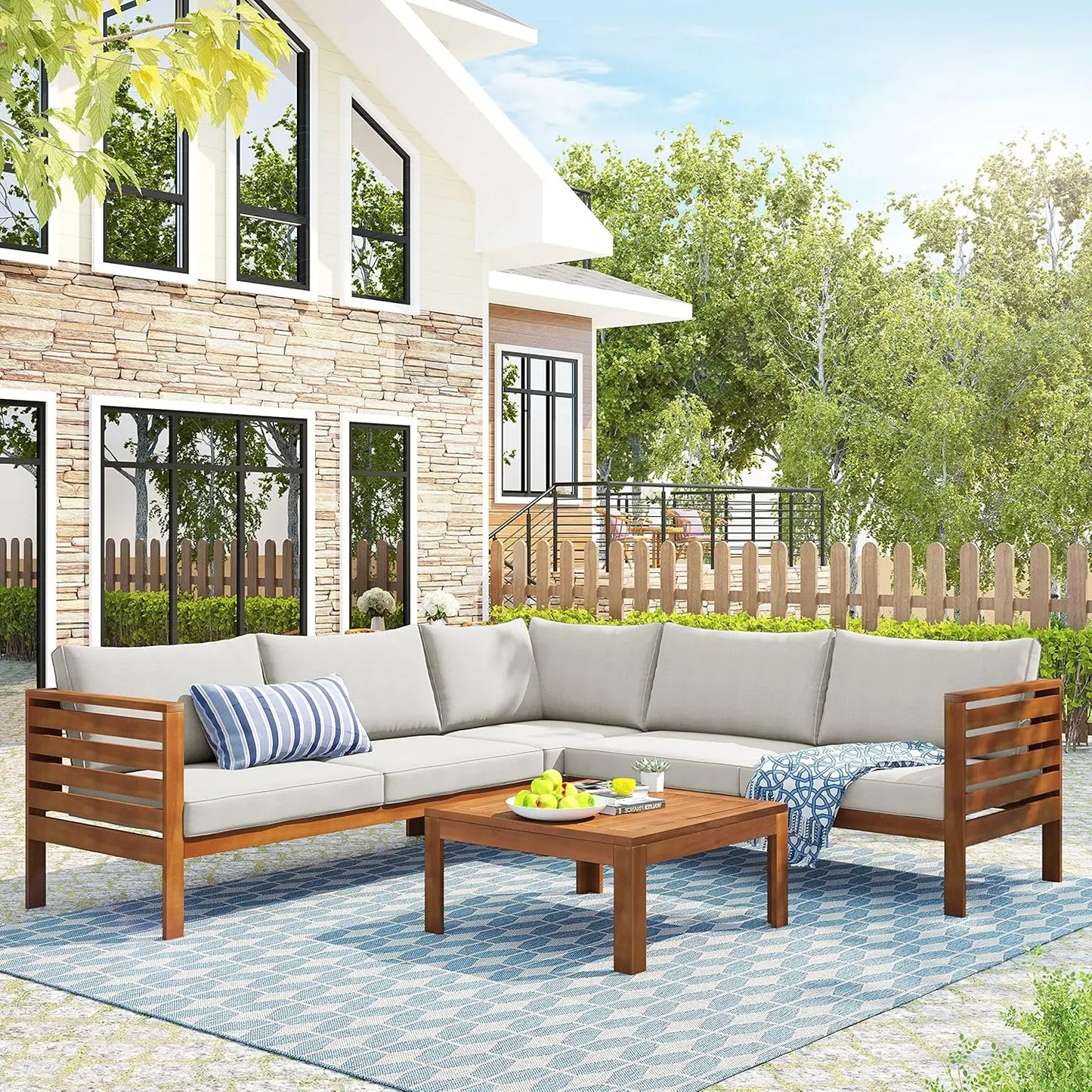 6-Piece Modern Outdoor Sectional Sofa Set with Round Nesting Coffee Tables – All-Weather Rattan & Acacia Wood