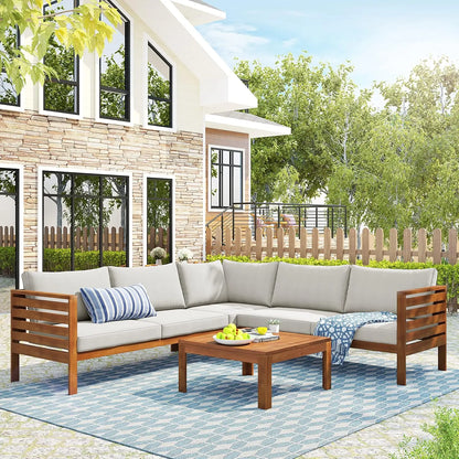 6-Piece Modern Outdoor Sectional Sofa Set with Round Nesting Coffee Tables – All-Weather Rattan & Acacia Wood