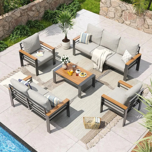 7-Seat Aluminum Patio Sectional Set – Oversized Outdoor Sofa with Thick Cushions & Coffee Table
