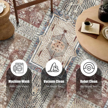 Vintage Washable Area Rug 9x12 – Retro Rust Design, Non-Slip, Lightweight for Living Room & Bedroom