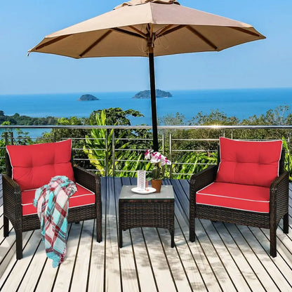 3-Piece Outdoor Wicker Patio Furniture Set – PE Rattan Chairs & Glass Top Coffee Table with Cushions