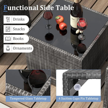 3-Piece Outdoor PE Rattan Bistro Conversation Set – 2 Wicker Chairs with Washable Cushions & Tempered Glass Coffee Table