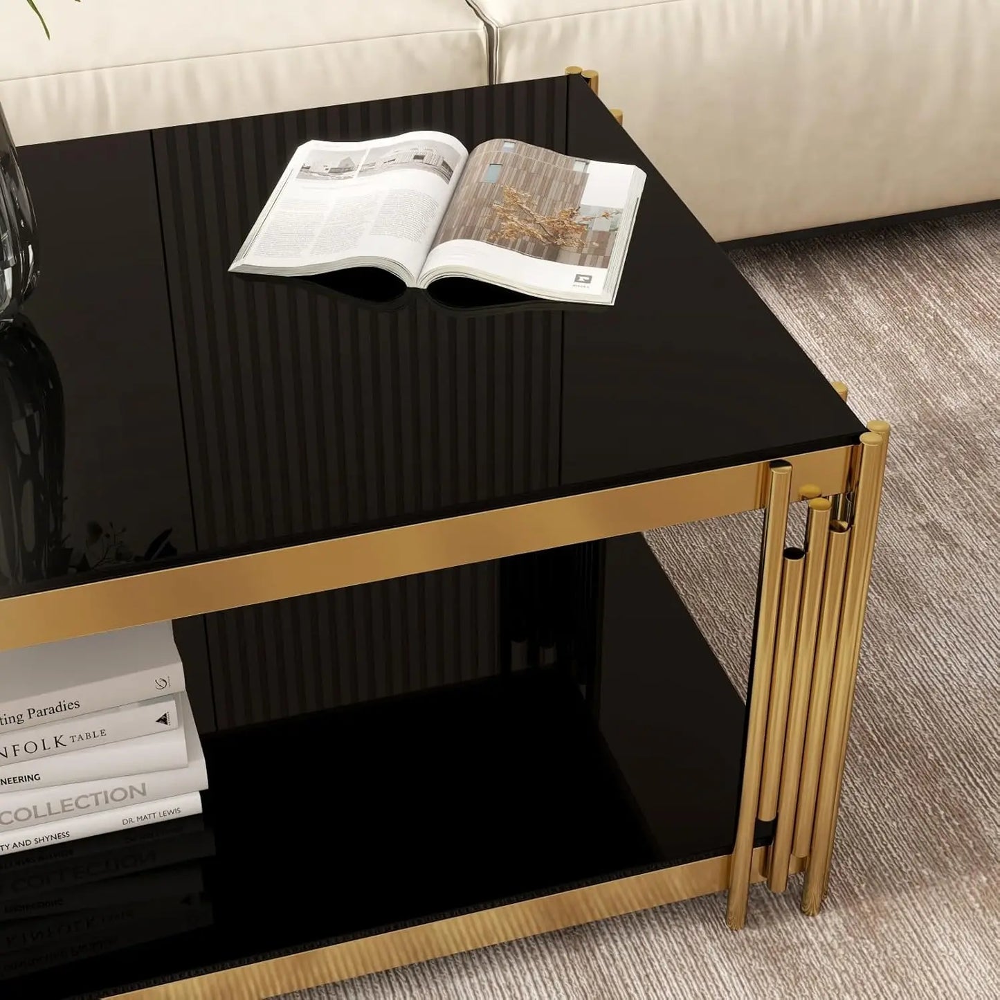 Black & Gold Tempered Glass Coffee Table – 47" Modern Oval with Wind Chime Legs & Lower Shelf