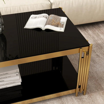 Black & Gold Tempered Glass Coffee Table – 47" Modern Oval with Wind Chime Legs & Lower Shelf